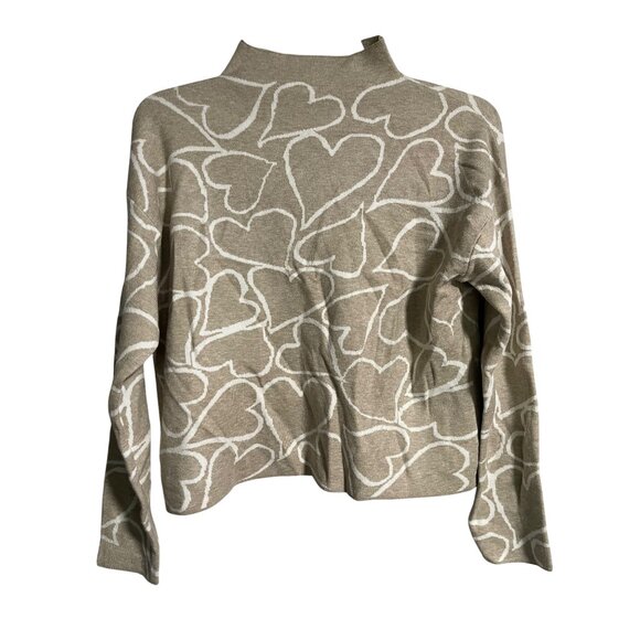 Tahari Sweater Womens Large Beige White Heart Print Mock Neck Lightweight - Picture 1 of 4